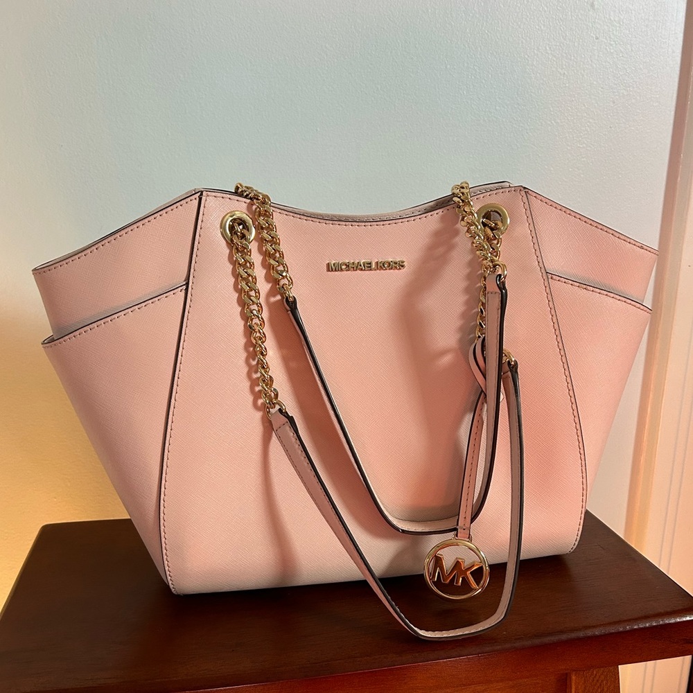 Michael Kors Jet Set Travel Large Chain Shoulder Tote Leather Handbag MK Purse